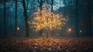 Sparse autumn tree adorned with warm glowing lights photo