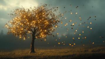 Sparse autumn tree adorned with glowing fairy lights photo