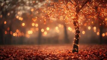 Sparse autumn tree adorned with warm glowing lights photo