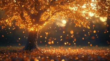 Sparse autumn tree adorned with warm glowing lights photo