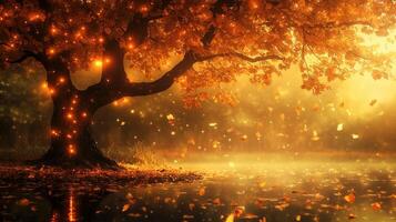 Sparse autumn tree adorned with warm glowing lights photo
