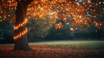 Sparse autumn tree adorned with warm glowing lights photo