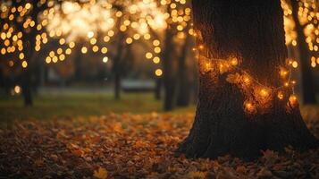 Sparse autumn tree with glowing string lights wrapped around its branches photo