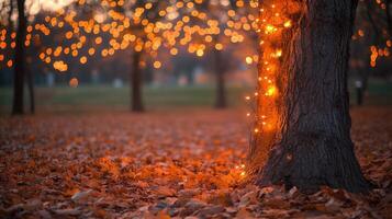 Sparse autumn tree with glowing string lights wrapped around its branches photo