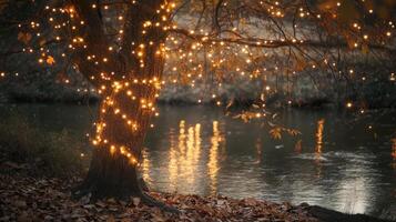 Sparse autumn tree with glowing string lights wrapped around its branches photo