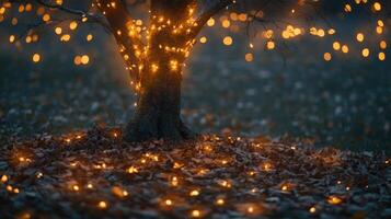 Sparse autumn tree with glowing string lights wrapped around its branches photo