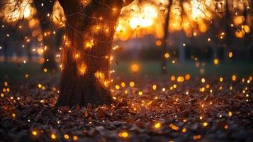 Sparse autumn tree with glowing string lights wrapped around its branches photo
