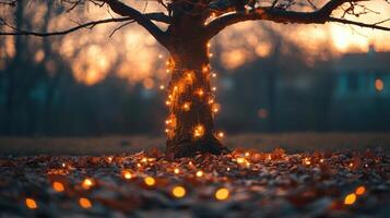 Sparse autumn tree with glowing string lights wrapped around its branches photo