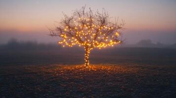 Sparse autumn tree with glowing string lights wrapped around its branches photo