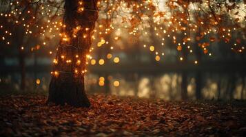Sparse autumn tree with glowing string lights wrapped around its branches photo