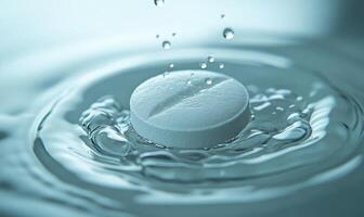 Tablet fizzing in water, bubbles ascending, close-up shot photo