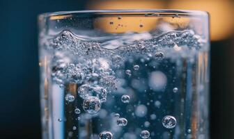 Tablet fizzing in water, bubbles ascending, close-up shot photo