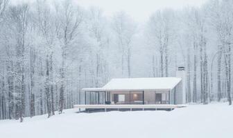 A small house with a porch is covered in snow photo
