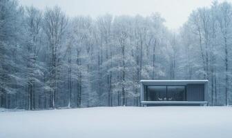 A small house is surrounded by trees covered in snow photo