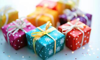 A row of colorful presents with bows on them photo