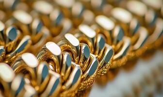 A row of gold chain links with a shiny, reflective surface photo