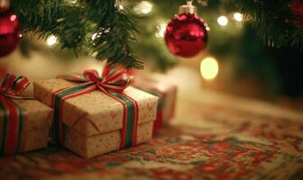 Three presents are stacked on a carpet, with a red photo