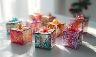 A row of colorful boxes with ribbons on them photo