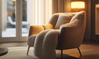 A tan chair with a white blanket draped over it sits in a room with a window photo