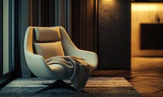 A chair in front of a window with a lamp photo