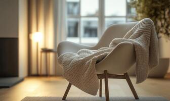 A chair with a white blanket draped over it sits in a room with a window photo