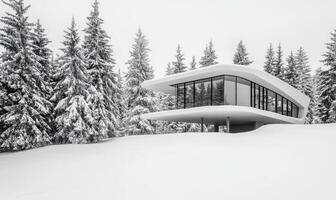 A white house with a large window sits on a snowy hill photo