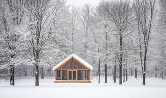 A small cabin is surrounded by trees covered in snow photo
