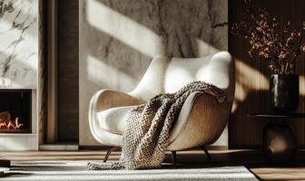 A white chair with a blanket draped over it sits in front of a fireplace photo