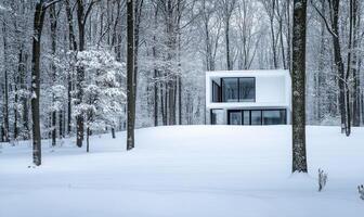 A white house is in the middle of a snowy forest photo