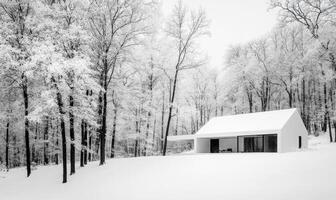 A white house sits in a snowy field with trees in the background photo