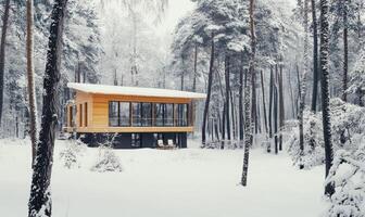 A small cabin in the middle of a snowy forest photo