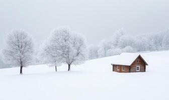 A small cabin is in the snow next to a field of trees photo