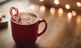 A red mug of hot chocolate with a candy cane on top photo