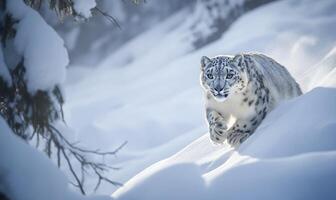 A white cat is running through the snow photo