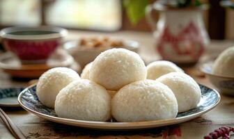 A plate of rice balls sits on a table with a cup and a bowl photo