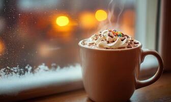 The steam from the coffee is rising up and out of the window, creating a cozy photo
