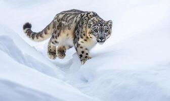 A snow leopard is walking through the snow photo