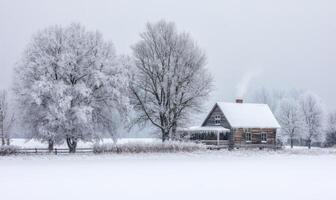 A small cabin is surrounded by trees covered in snow photo