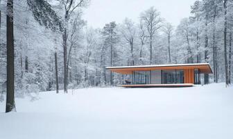 A small house is surrounded by trees and snow photo