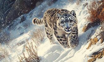 A snow leopard is running through the snow photo