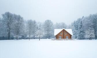 A small cabin is surrounded by snow and trees photo