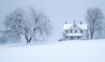 A house sits in a snowy field with a tree in front of it photo