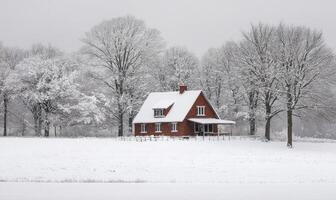 A small red house sits in a snowy field photo