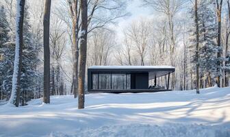 A small house is surrounded by trees and covered in snow photo