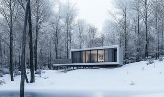 A small cabin is surrounded by trees and snow photo