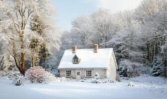 A small white house with a chimney sits in a snowy field photo