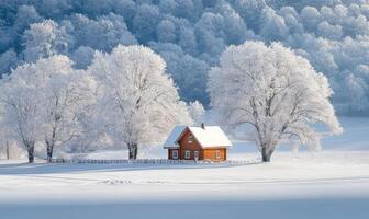 A small cabin is surrounded by trees in a snowy field photo