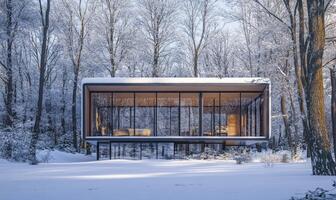 A modern house with a large glass window sits in a snowy forest photo