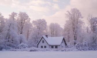 A small white house with a chimney sits in a snowy field photo