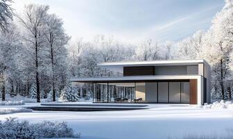 A house with a large glass window and a pool in front of it photo